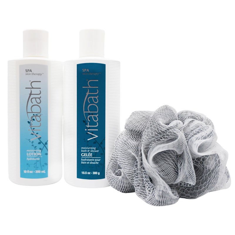 Vitabath Spa Skin Therapy Everyday Skincare Set Moisturizing Shower Gel Wash, Reviving Lotion & Exfoliating Body Scrubber Pouf - Refreshing Foam Cleanser & Dry Skin Hydration for Women & Men - Image 2